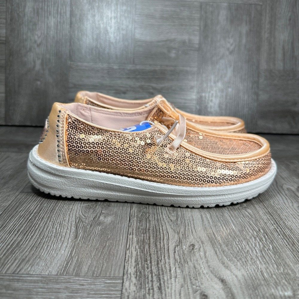 Hey Dude Wendy Y Disco Sequin Kids J2 Blush Pink Sparkly Slip On Loafers NEW
